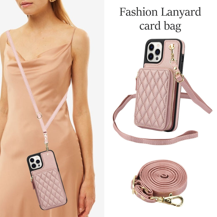 For iPhone 12 / 12 Pro AwQuer Crossbody Zipper Wallet Rhombic Leather Back Phone Case(Rose Gold) - iPhone 12 / 12 Pro Cases by Awquer | Online Shopping UK | buy2fix
