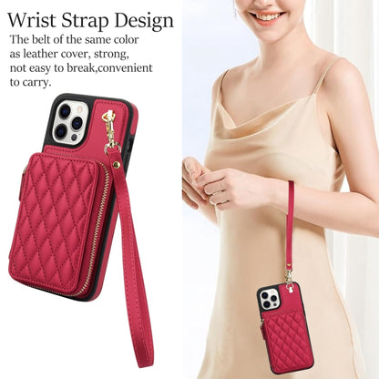 For iPhone 12 Pro Max AwQuer Crossbody Zipper Wallet Rhombic Leather Back Phone Case(Red) - iPhone 12 Pro Max Cases by Awquer | Online Shopping UK | buy2fix