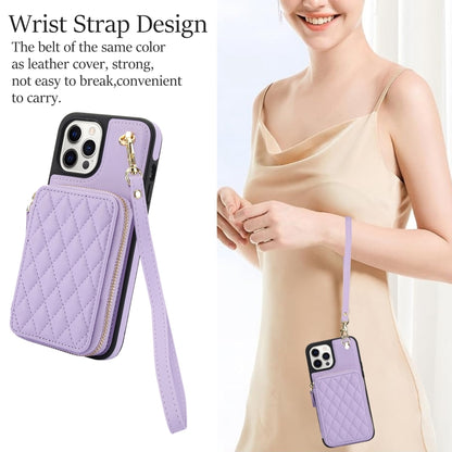 For iPhone 12 Pro Max AwQuer Crossbody Zipper Wallet Rhombic Leather Back Phone Case(Purple) - iPhone 12 Pro Max Cases by Awquer | Online Shopping UK | buy2fix