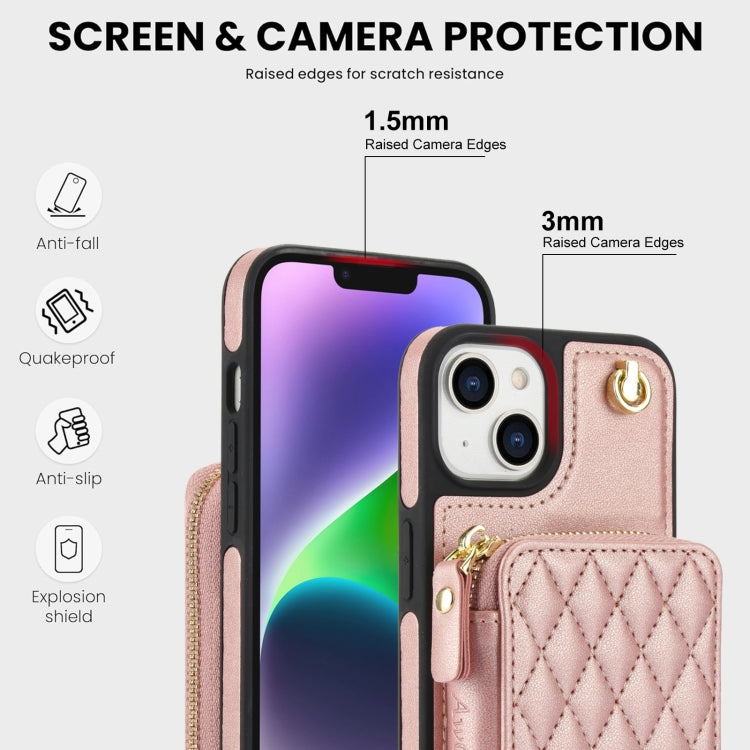 For iPhone 11 AwQuer Crossbody Zipper Wallet Rhombic Leather Back Phone Case(Rose Gold) - iPhone 11 Cases by Awquer | Online Shopping UK | buy2fix