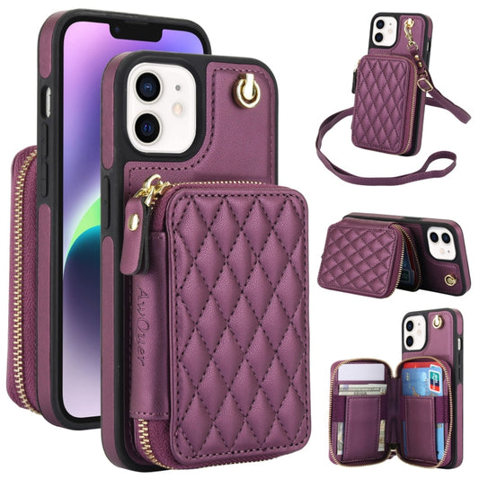 For iPhone 11 AwQuer Crossbody Zipper Wallet Rhombic Leather Back Phone Case(Dark Purple) - iPhone 11 Cases by Awquer | Online Shopping UK | buy2fix