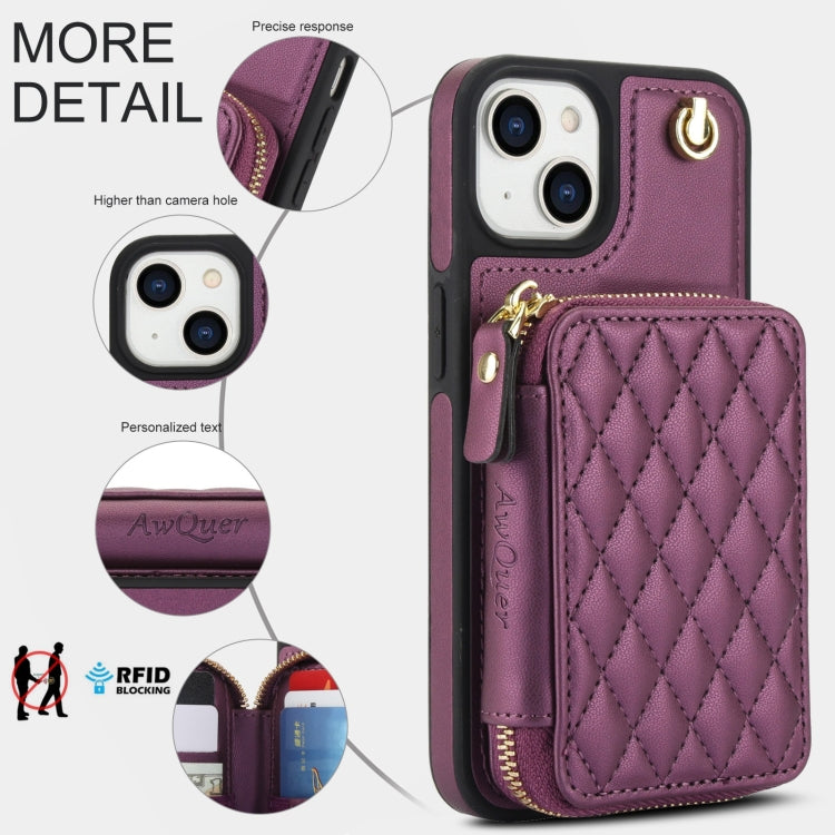 For iPhone 11 AwQuer Crossbody Zipper Wallet Rhombic Leather Back Phone Case(Dark Purple) - iPhone 11 Cases by Awquer | Online Shopping UK | buy2fix