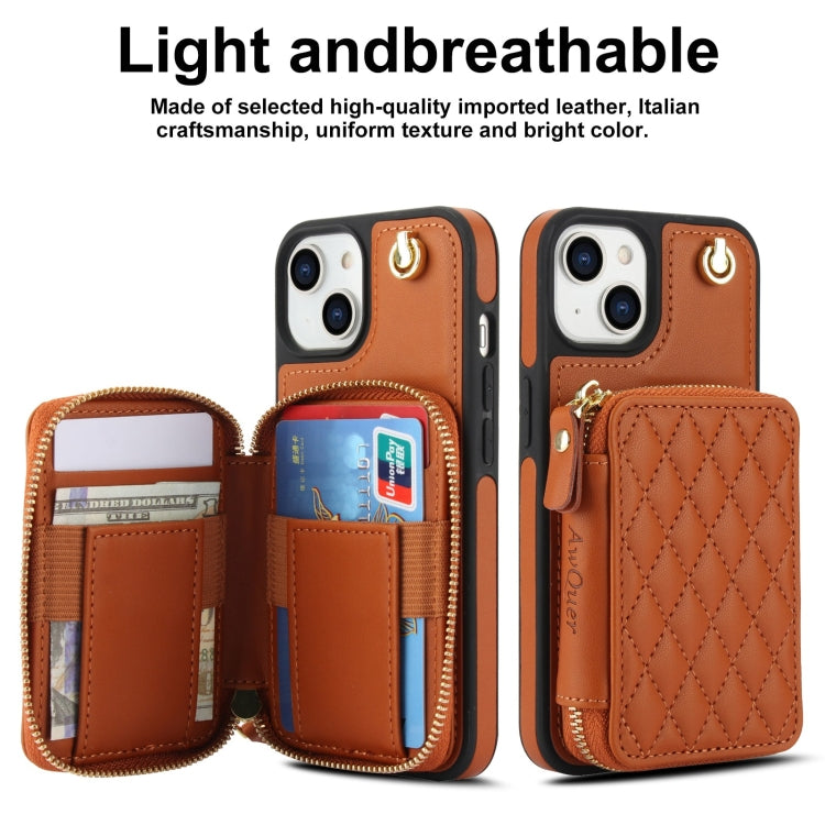 For iPhone 11 AwQuer Crossbody Zipper Wallet Rhombic Leather Back Phone Case(Brown) - iPhone 11 Cases by Awquer | Online Shopping UK | buy2fix