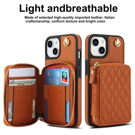 For iPhone 11 AwQuer Crossbody Zipper Wallet Rhombic Leather Back Phone Case(Brown) - iPhone 11 Cases by Awquer | Online Shopping UK | buy2fix