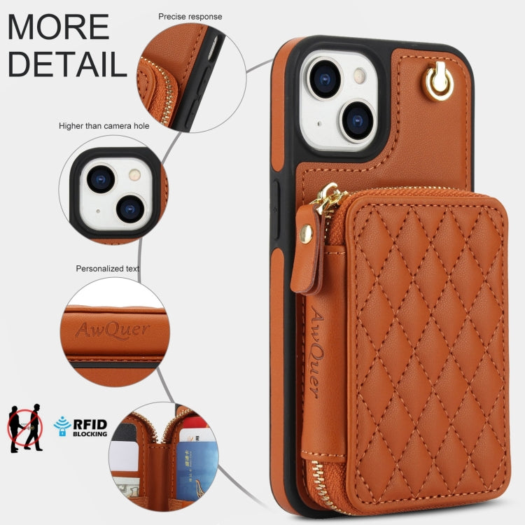 For iPhone 11 AwQuer Crossbody Zipper Wallet Rhombic Leather Back Phone Case(Brown) - iPhone 11 Cases by Awquer | Online Shopping UK | buy2fix