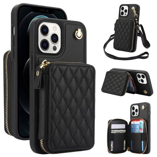 For iPhone 11 Pro AwQuer Crossbody Zipper Wallet Rhombic Leather Back Phone Case(Black) - iPhone 11 Pro Cases by Awquer | Online Shopping UK | buy2fix