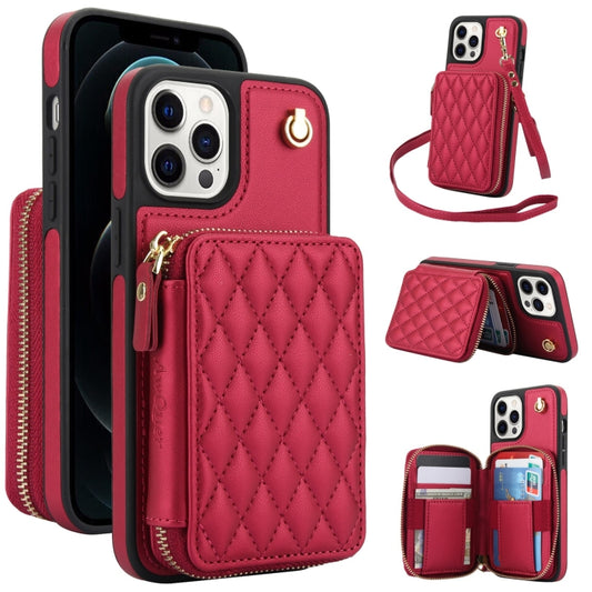 For iPhone 11 Pro AwQuer Crossbody Zipper Wallet Rhombic Leather Back Phone Case(Red) - iPhone 11 Pro Cases by Awquer | Online Shopping UK | buy2fix
