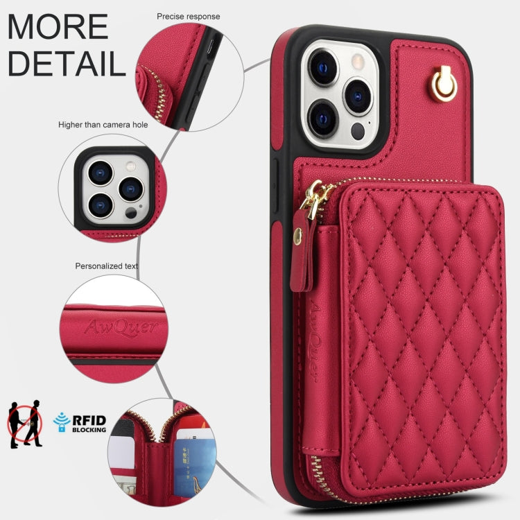 For iPhone 11 Pro AwQuer Crossbody Zipper Wallet Rhombic Leather Back Phone Case(Red) - iPhone 11 Pro Cases by Awquer | Online Shopping UK | buy2fix