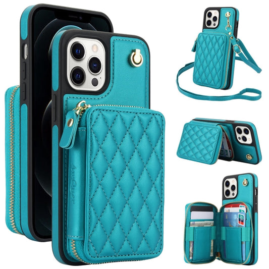 For iPhone 11 Pro AwQuer Crossbody Zipper Wallet Rhombic Leather Back Phone Case(Green) - iPhone 11 Pro Cases by Awquer | Online Shopping UK | buy2fix