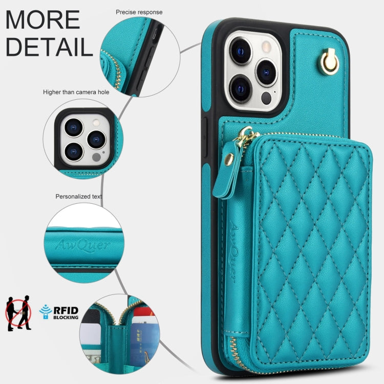 For iPhone 11 Pro AwQuer Crossbody Zipper Wallet Rhombic Leather Back Phone Case(Green) - iPhone 11 Pro Cases by Awquer | Online Shopping UK | buy2fix