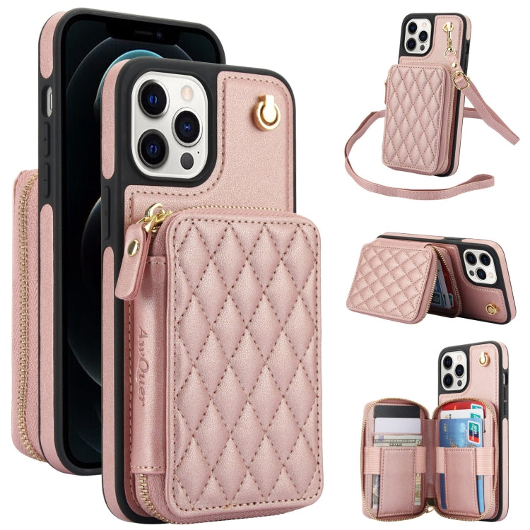 For iPhone 11 Pro AwQuer Crossbody Zipper Wallet Rhombic Leather Back Phone Case(Rose Gold) - iPhone 11 Pro Cases by Awquer | Online Shopping UK | buy2fix