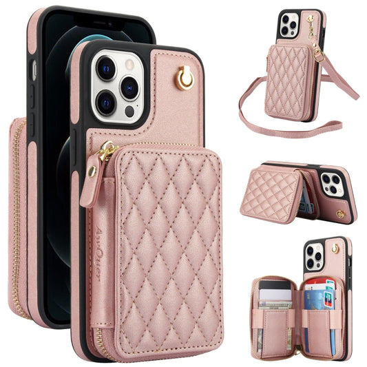 For iPhone 11 Pro AwQuer Crossbody Zipper Wallet Rhombic Leather Back Phone Case(Rose Gold) - iPhone 11 Pro Cases by Awquer | Online Shopping UK | buy2fix