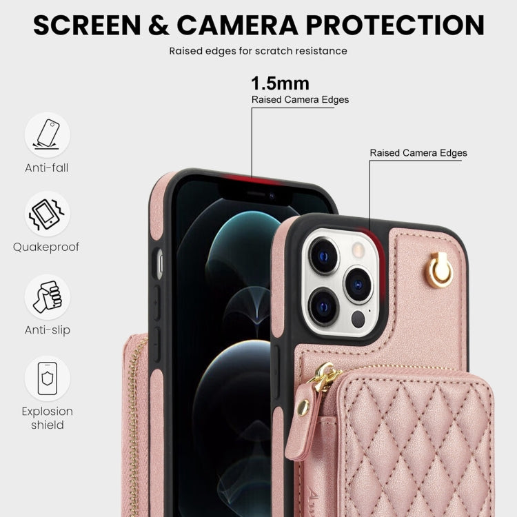 For iPhone 11 Pro AwQuer Crossbody Zipper Wallet Rhombic Leather Back Phone Case(Rose Gold) - iPhone 11 Pro Cases by Awquer | Online Shopping UK | buy2fix
