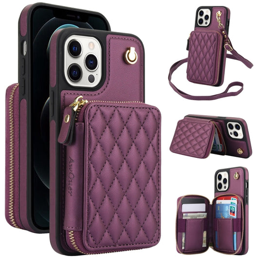 For iPhone 11 Pro AwQuer Crossbody Zipper Wallet Rhombic Leather Back Phone Case(Dark Purple) - iPhone 11 Pro Cases by Awquer | Online Shopping UK | buy2fix