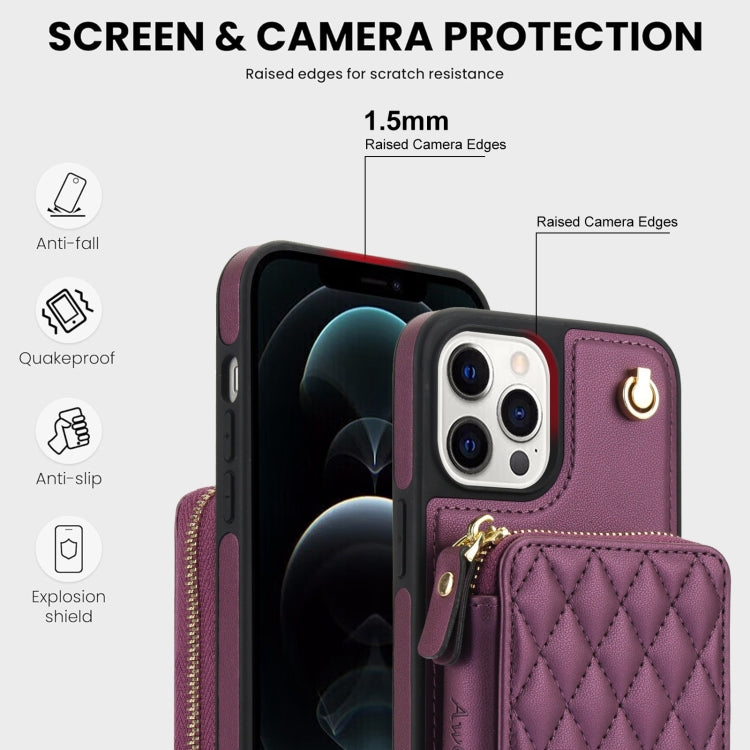 For iPhone 11 Pro AwQuer Crossbody Zipper Wallet Rhombic Leather Back Phone Case(Dark Purple) - iPhone 11 Pro Cases by Awquer | Online Shopping UK | buy2fix