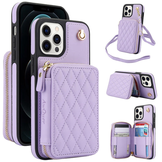 For iPhone 11 Pro AwQuer Crossbody Zipper Wallet Rhombic Leather Back Phone Case(Purple) - iPhone 11 Pro Cases by Awquer | Online Shopping UK | buy2fix