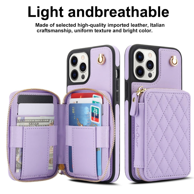 For iPhone 11 Pro AwQuer Crossbody Zipper Wallet Rhombic Leather Back Phone Case(Purple) - iPhone 11 Pro Cases by Awquer | Online Shopping UK | buy2fix
