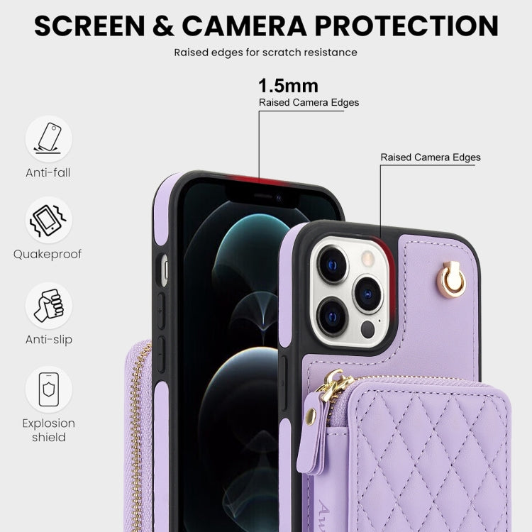 For iPhone 11 Pro AwQuer Crossbody Zipper Wallet Rhombic Leather Back Phone Case(Purple) - iPhone 11 Pro Cases by Awquer | Online Shopping UK | buy2fix