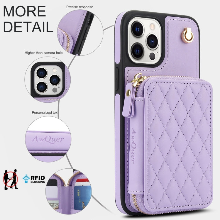 For iPhone 11 Pro AwQuer Crossbody Zipper Wallet Rhombic Leather Back Phone Case(Purple) - iPhone 11 Pro Cases by Awquer | Online Shopping UK | buy2fix