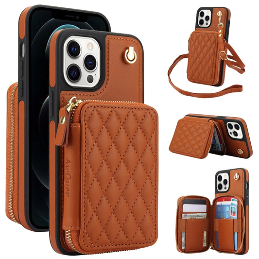 For iPhone 11 Pro AwQuer Crossbody Zipper Wallet Rhombic Leather Back Phone Case(Brown) - iPhone 11 Pro Cases by Awquer | Online Shopping UK | buy2fix