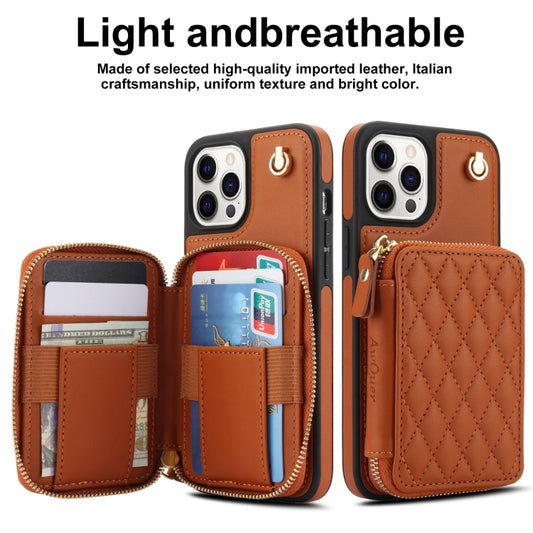 For iPhone 11 Pro AwQuer Crossbody Zipper Wallet Rhombic Leather Back Phone Case(Brown) - iPhone 11 Pro Cases by Awquer | Online Shopping UK | buy2fix