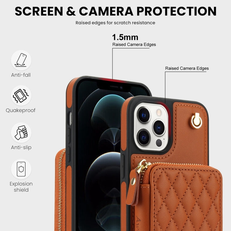 For iPhone 11 Pro AwQuer Crossbody Zipper Wallet Rhombic Leather Back Phone Case(Brown) - iPhone 11 Pro Cases by Awquer | Online Shopping UK | buy2fix