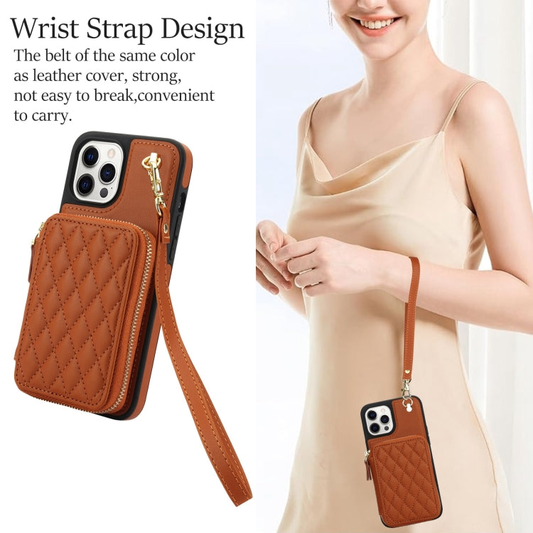 For iPhone 11 Pro AwQuer Crossbody Zipper Wallet Rhombic Leather Back Phone Case(Brown) - iPhone 11 Pro Cases by Awquer | Online Shopping UK | buy2fix