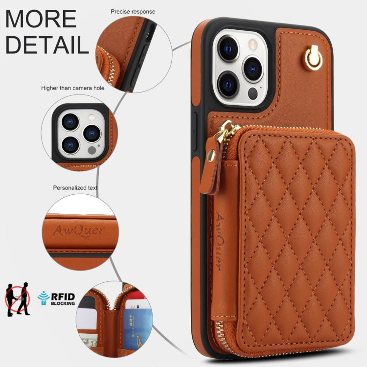 For iPhone 11 Pro AwQuer Crossbody Zipper Wallet Rhombic Leather Back Phone Case(Brown) - iPhone 11 Pro Cases by Awquer | Online Shopping UK | buy2fix
