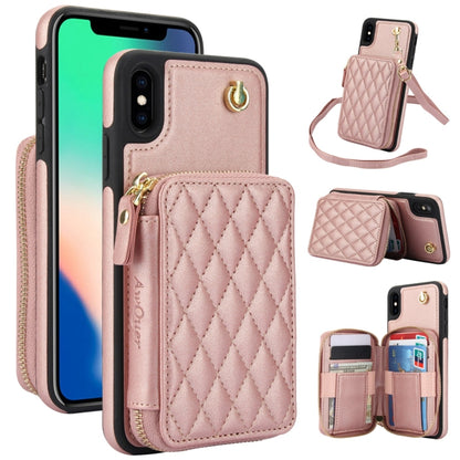 For iPhone X / XS AwQuer Crossbody Zipper Wallet Rhombic Leather Back Phone Case(Rose Gold) - More iPhone Cases by Awquer | Online Shopping UK | buy2fix