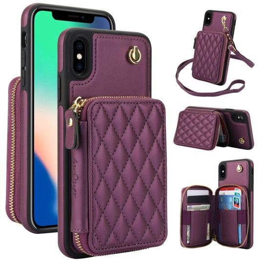 For iPhone X / XS AwQuer Crossbody Zipper Wallet Rhombic Leather Back Phone Case(Dark Purple) - More iPhone Cases by Awquer | Online Shopping UK | buy2fix