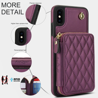 For iPhone X / XS AwQuer Crossbody Zipper Wallet Rhombic Leather Back Phone Case(Dark Purple) - More iPhone Cases by Awquer | Online Shopping UK | buy2fix