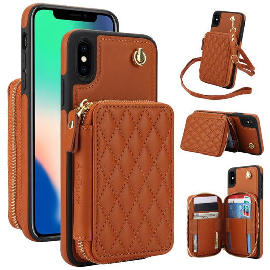 For iPhone X / XS AwQuer Crossbody Zipper Wallet Rhombic Leather Back Phone Case(Brown) - More iPhone Cases by Awquer | Online Shopping UK | buy2fix