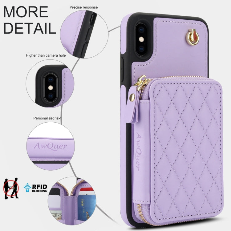 For iPhone XR AwQuer Crossbody Zipper Wallet Rhombic Leather Back Phone Case(Purple) - More iPhone Cases by Awquer | Online Shopping UK | buy2fix