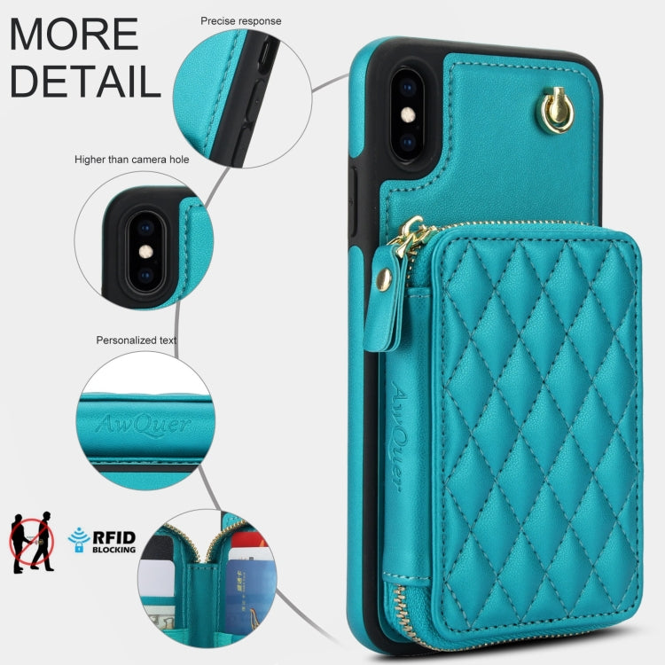 For iPhone XS Max AwQuer Crossbody Zipper Wallet Rhombic Leather Back Phone Case(Green) - More iPhone Cases by Awquer | Online Shopping UK | buy2fix