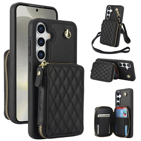 For Samsung Galaxy S24 / S25 5G AwQuer Crossbody Zipper Wallet Rhombic Leather Back Phone Case(Black)