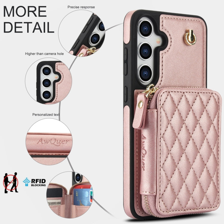 For Samsung Galaxy S24+ 5G AwQuer Crossbody Zipper Wallet Rhombic Leather Back Phone Case(Rose Gold) -  by Awquer | Online Shopping UK | buy2fix