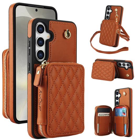 For Samsung Galaxy S24+ 5G AwQuer Crossbody Zipper Wallet Rhombic Leather Back Phone Case(Brown) -  by Awquer | Online Shopping UK | buy2fix