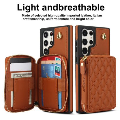 For Samsung Galaxy S24 Ultra 5G AwQuer Crossbody Zipper Wallet Rhombic Leather Back Phone Case(Brown) - Galaxy S24 Ultra 5G Cases by Awquer | Online Shopping UK | buy2fix