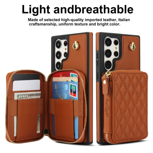 For Samsung Galaxy S23 Ultra 5G AwQuer Crossbody Zipper Wallet Rhombic Leather Back Phone Case(Brown) - Galaxy S23 Ultra 5G Cases by Awquer | Online Shopping UK | buy2fix