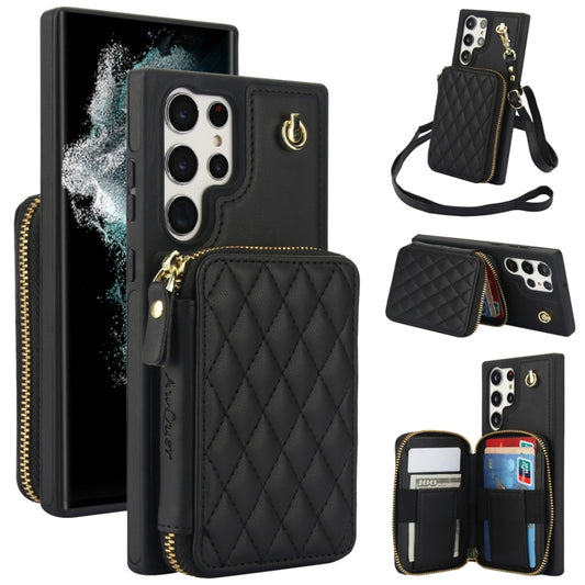 For Samsung Galaxy S22 Ultra 5G AwQuer Crossbody Zipper Wallet Rhombic Leather Back Phone Case(Black) - Galaxy S22 Ultra 5G Cases by Awquer | Online Shopping UK | buy2fix