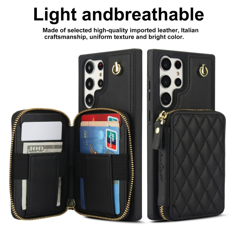 For Samsung Galaxy S22 Ultra 5G AwQuer Crossbody Zipper Wallet Rhombic Leather Back Phone Case(Black) - Galaxy S22 Ultra 5G Cases by Awquer | Online Shopping UK | buy2fix