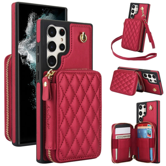 For Samsung Galaxy S22 Ultra 5G AwQuer Crossbody Zipper Wallet Rhombic Leather Back Phone Case(Red) - Galaxy S22 Ultra 5G Cases by Awquer | Online Shopping UK | buy2fix