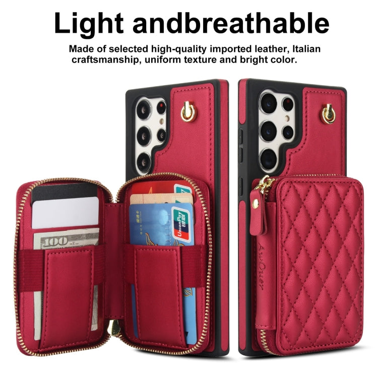 For Samsung Galaxy S22 Ultra 5G AwQuer Crossbody Zipper Wallet Rhombic Leather Back Phone Case(Red) - Galaxy S22 Ultra 5G Cases by Awquer | Online Shopping UK | buy2fix