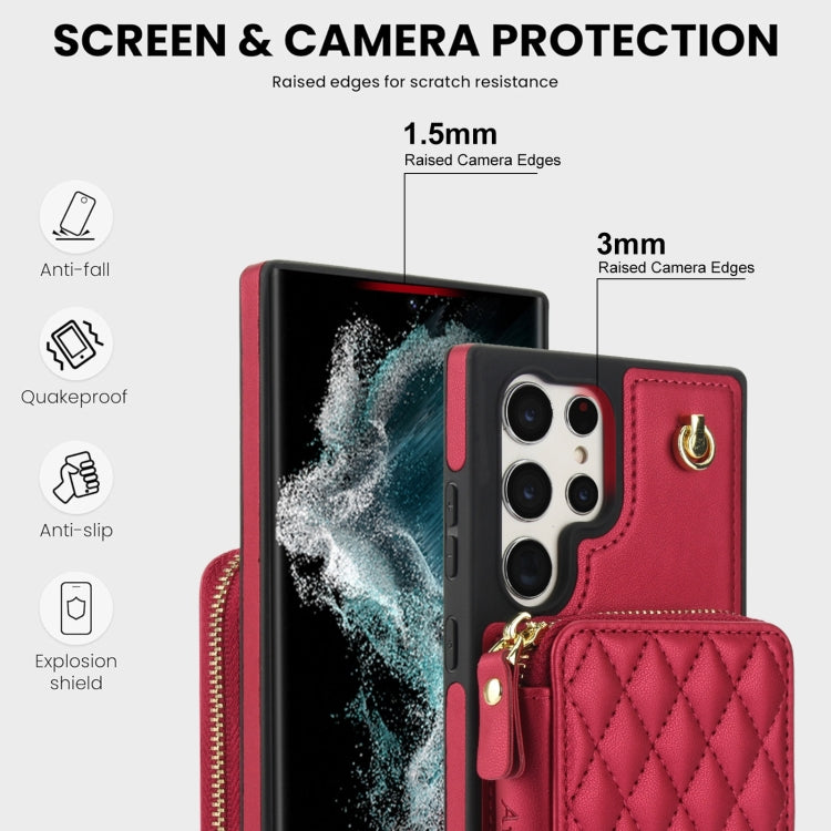 For Samsung Galaxy S22 Ultra 5G AwQuer Crossbody Zipper Wallet Rhombic Leather Back Phone Case(Red) - Galaxy S22 Ultra 5G Cases by Awquer | Online Shopping UK | buy2fix