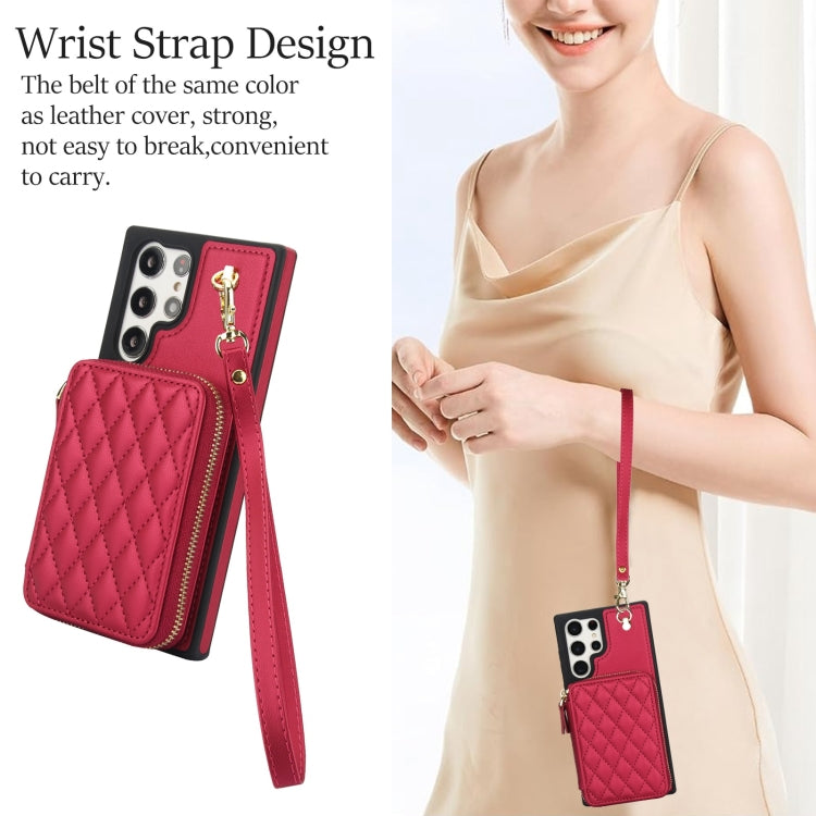 For Samsung Galaxy S22 Ultra 5G AwQuer Crossbody Zipper Wallet Rhombic Leather Back Phone Case(Red) - Galaxy S22 Ultra 5G Cases by Awquer | Online Shopping UK | buy2fix