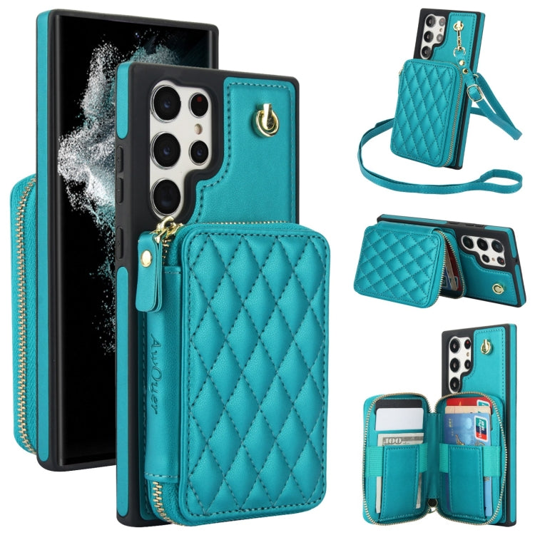For Samsung Galaxy S22 Ultra 5G AwQuer Crossbody Zipper Wallet Rhombic Leather Back Phone Case(Green) - Galaxy S22 Ultra 5G Cases by Awquer | Online Shopping UK | buy2fix