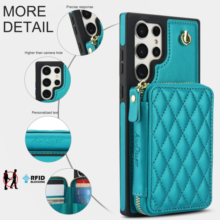 For Samsung Galaxy S22 Ultra 5G AwQuer Crossbody Zipper Wallet Rhombic Leather Back Phone Case(Green) - Galaxy S22 Ultra 5G Cases by Awquer | Online Shopping UK | buy2fix