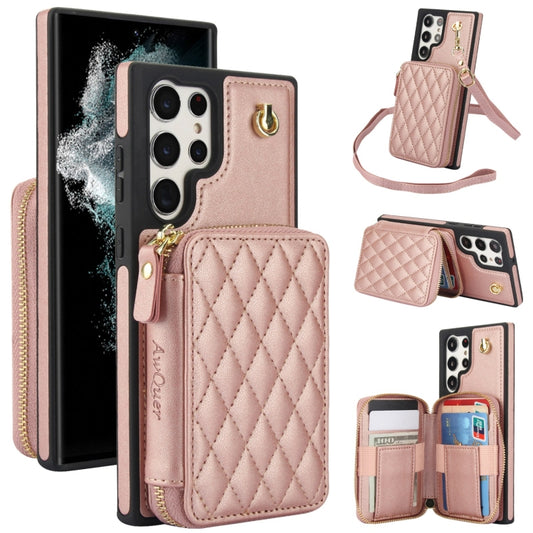 For Samsung Galaxy S22 Ultra 5G AwQuer Crossbody Zipper Wallet Rhombic Leather Back Phone Case(Rose Gold) - Galaxy S22 Ultra 5G Cases by Awquer | Online Shopping UK | buy2fix