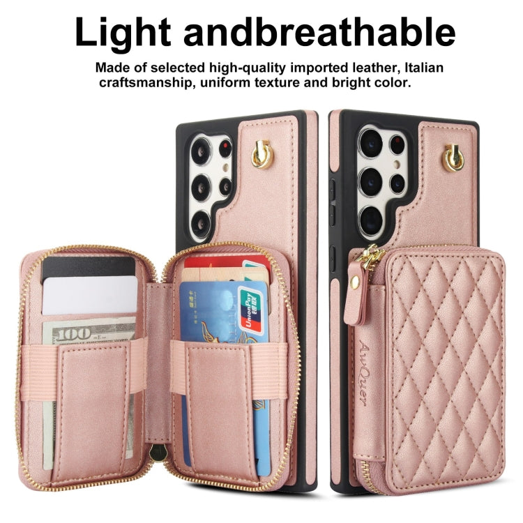 For Samsung Galaxy S22 Ultra 5G AwQuer Crossbody Zipper Wallet Rhombic Leather Back Phone Case(Rose Gold) - Galaxy S22 Ultra 5G Cases by Awquer | Online Shopping UK | buy2fix