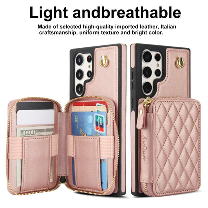 For Samsung Galaxy S22 Ultra 5G AwQuer Crossbody Zipper Wallet Rhombic Leather Back Phone Case(Rose Gold) - Galaxy S22 Ultra 5G Cases by Awquer | Online Shopping UK | buy2fix